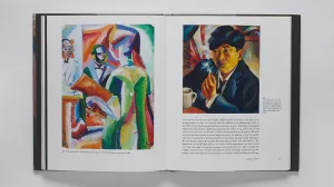 Book spread with a modernist painting at left and a portrait of a man smoking a pipe at right