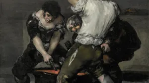 Oil painting of three men working at an iron forge.