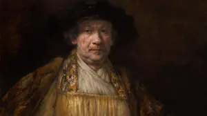 oil painting of older man in hat and yellow smock