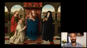 video still of Xavier Salomon and oil painting depicting biblical scene including The Virgin and Child and others 