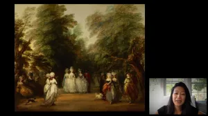 video still of Aimee Ng and oil painting of group walking in park