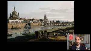 video still of Xavier Salomon and painting of river scene