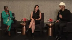 video still of Thelma Golden, Aimee Ng and Antwaun Sargent speaking while seated