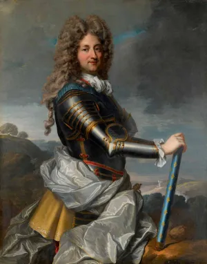Portrait of a man in a landscape with a large powdered wig, swathed in armor and fabric, and holding a blue staff with yellow fleurs-de-lys