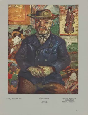 Archival mount of an image of a painting depicting a bearded man in a blue jacket and hat seated in front of paintings