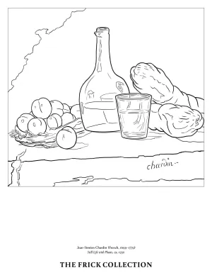 black and white outline of a still life of various food on a table