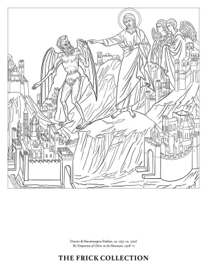 Christ, followed by two angels, extending his arm towards Satan, standing atop mountains