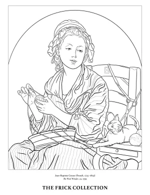 Illustration of woman with ball of yarn and kitten by her side