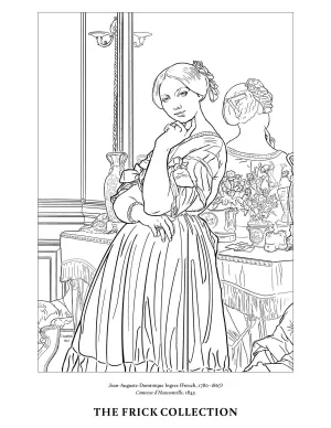black and white outline of a portrait of a noble woman standing in front of a mirror