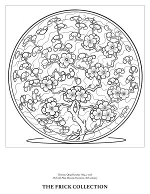 black and white outline of a plate with cherry blossoms