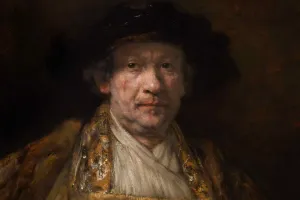 Oil painting of sitting man wearing yellow and arms on armrest