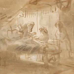 Sketch of Issac blessing Jacob in brown and grey tones.