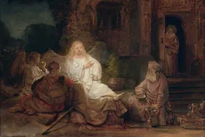 oil painting of group, including men and angels, seated on earthen floor 