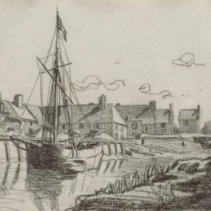 Black chalk drawing of landscape with boats, water, and buildings