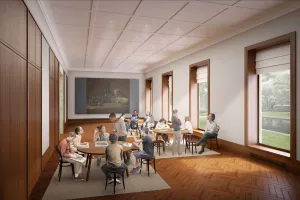 rendering of indoor educational space with people and large windows