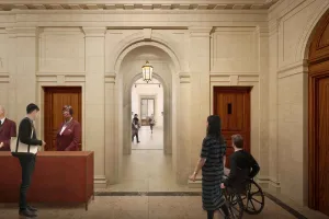 rendering of reception desk at connecting hallway 