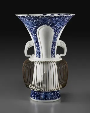 blue and white porcelain vase designed as a bird cage