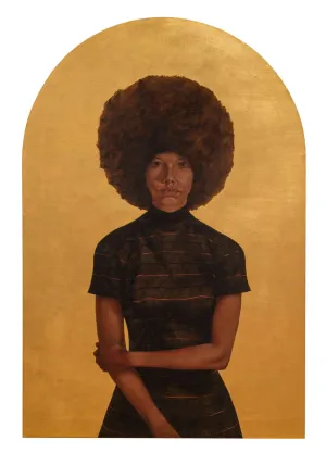 oil painting of woman with one arm crossed against gold background