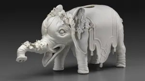 photo of gray porcelain elephant statue decorated with flowers and draperies