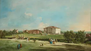 oil painting depicting grand villa lawns populated with men, women and dogs, circa 1700