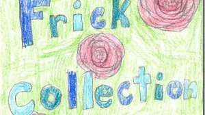 Sketched page featuring pink flowers, green background, and the words "The Frick Collection" in blue