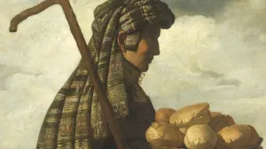 painting of man in profile holding staff and carrying basket of bread