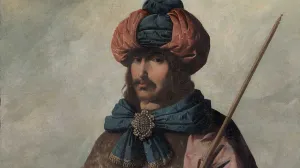oil painting of man in ornate clothing, holding a thin staff in one hand, and paper in other