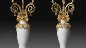pair of gilt-bronze candelabra, circa 1782, with hard-paste porcelain and marble elements