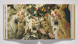 Open spread of a book featuring a painting detail of a dress covered in vines, leaves, and flowers