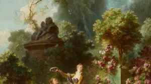 Oil painting of a woman crowning a man with a flower crown in a lush green landscape