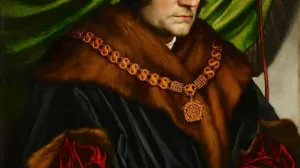 Oil painting of Sir Thomas More in a black cap and fur-lined black cloak against a green curtain