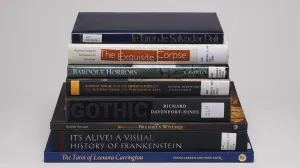Horizontal stack of eight Halloween-themed books with spines showing