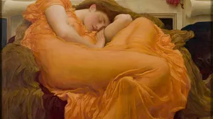 painting, Flaming June, of woman in repose in lush and vivid orange sheer garment
