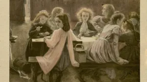 Archival photo of a painting of a group of young girls eating at a school lunch table