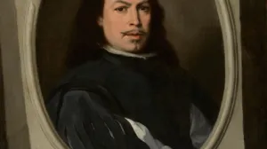 painting depicting man dressed in black with mustache in oval frame