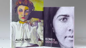 Two book covers on a white shelf, each featuring a portrait of a woman