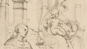 Detail of a sketch of a saint beneath the Virgin Mary on a pedestal holding the infant Jesus