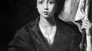 A half-length painting of a young woman wearing a crown and holding an arrow and a standard.