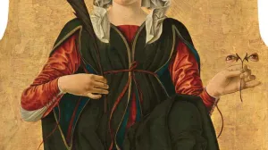 Tempera painting on poplar panel of Saint Lucy dressed in blue holding a martyr's palm