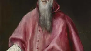 Painted portrait of an old man in red robes standing at a desk with large open 