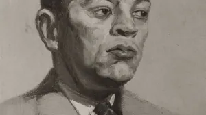 Grayscale image of a painting of a man in a suit, looking to his left