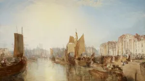 oil painting depicting harbor scene, showing full sky over docked ships
