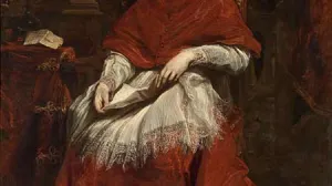 oil painting of portrait of cleric seated in red robe and white lace on his lap