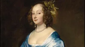 Van Dyck's oil painting portrait of woman in blue dress, golden hair piece, holding bracelet