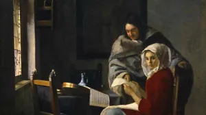Painting of a woman seated at a table set near a window with a man handing her a sheet