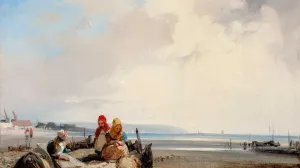 oil painting depicting three female figures on sandy shore