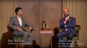 Video still of Arnhold and Xavier having a conversation at The Frick Collection