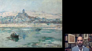 video still of Xavier Salomon and Monet's painting of a winter scene