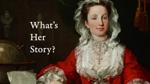 video still of What's Her Story, oil painting of woman in red and white seated