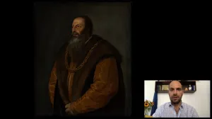 video still of Xavier Salomon and oil painting of man in profile